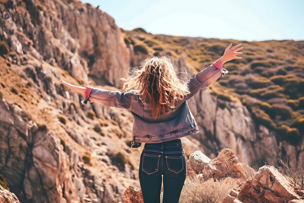 Foto mulher alegre em uma paisagem montanhosa