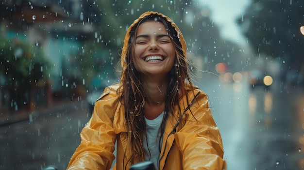 Foto mulher alegre enfrentando a chuva em bicicleta