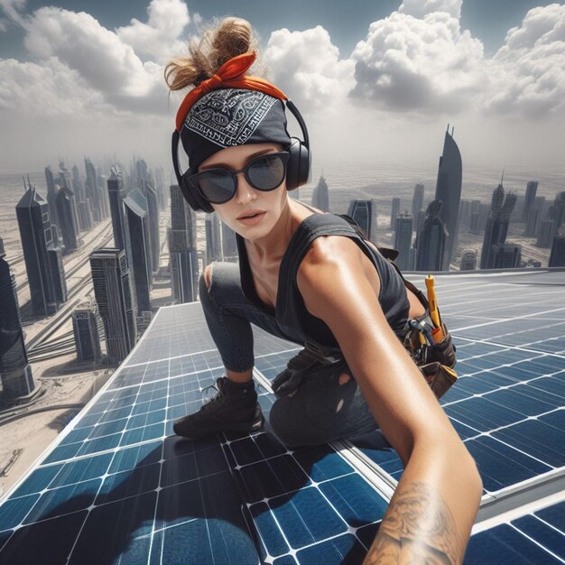 mulher alegre instala painéis solares fotovoltaicos no telhado de um edifício