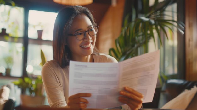 Mulher alegre lendo um documento à luz da hora dourada, personificando sucesso e satisfação