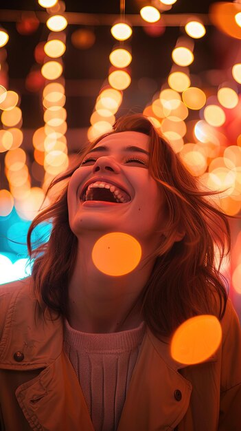 Mulher alegre rindo em meio a luzes festivas