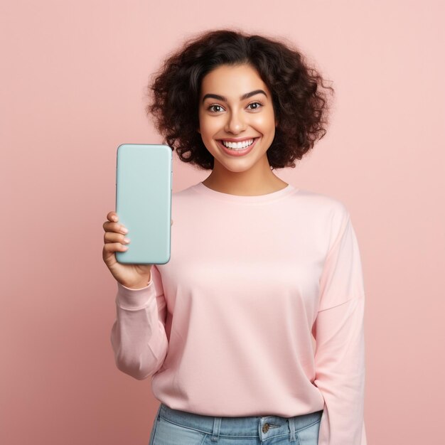 Foto mulher alegre segurando um grande telefone celular em branco generativo ai