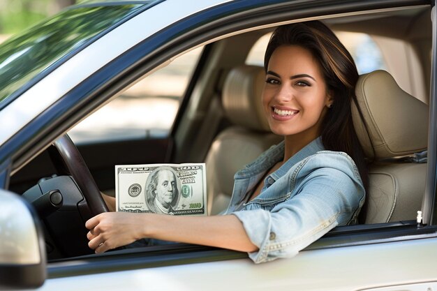 Mulher alegre sentada no carro novo segurando uma nota de um dólar