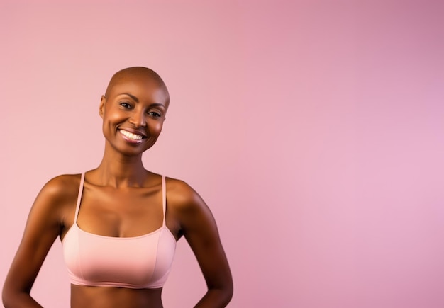 Foto mulher alegre sobrevivente do câncer de mama em um fundo rosa com espaço para cópia ia generativa