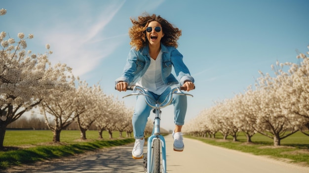 Foto mulher alegremente andando de bicicleta em uma estrada alinhada com cerejeiras brancas em flor sob um céu azul claro