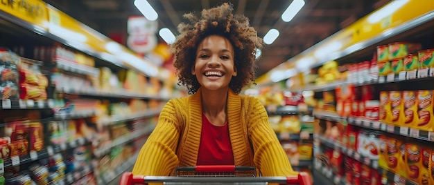 Foto mulher alegremente fazendo compras com um carrinho cheio em um supermercado desfrutando de suas compras conceito de compras de supermercado mulher alegre fazendo compras de carro cheio desfrutando compras experiência de compras