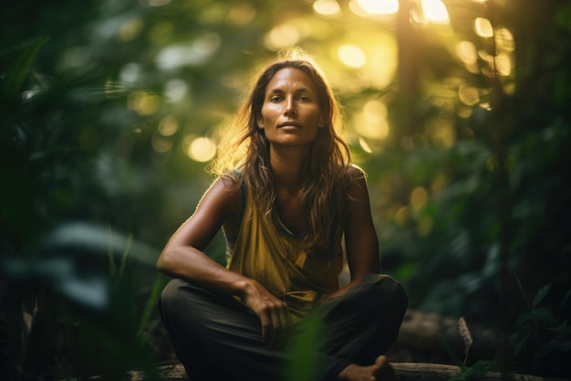 Mulher ambientalista com um olhar apaixonado e proposital sobre o fundo desfocado da vegetação verde