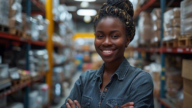 Mulher americana feliz vendedora de roupas supervisor proprietário de uma pequena empresa olhando para a câmera no armazém de entrega de envio