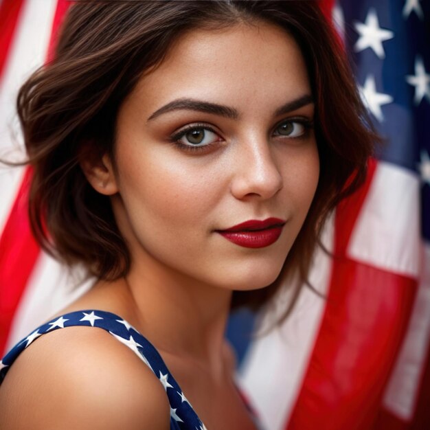 Foto mulher americana patriótica com bandeira dos estados unidos