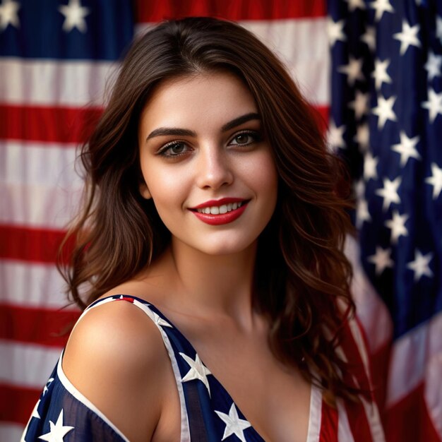 Foto mulher americana patriótica com bandeira dos estados unidos