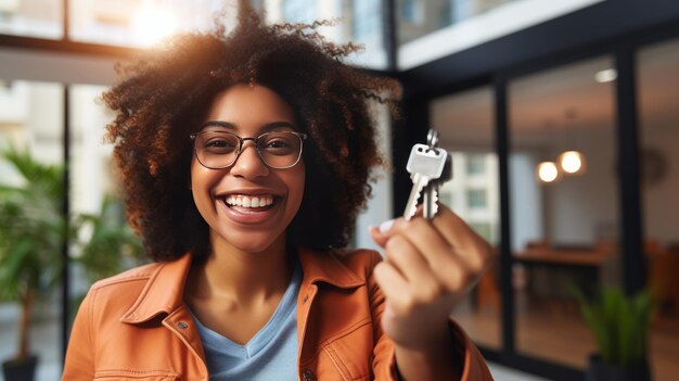 Mulher americana segura a chave de sua nova casa