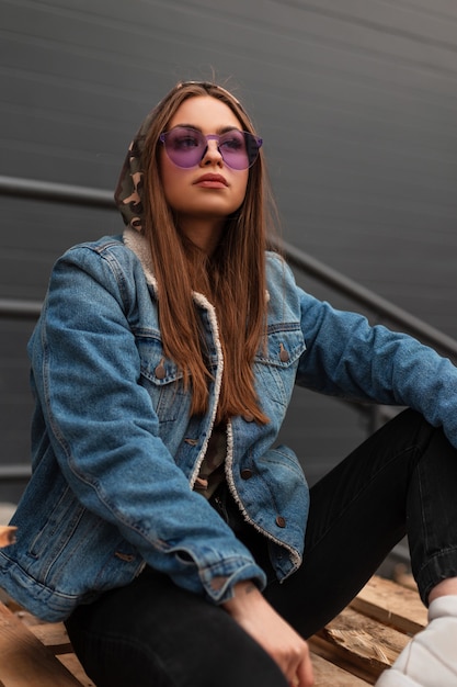 Mulher americana sexy jovem hippie em elegantes óculos roxos com uma jaqueta jeans azul jovem é relaxante ao ar livre perto de um prédio cinza. Modelo de menina bonita com roupas casuais na rua. Estilo juvenil de primavera.