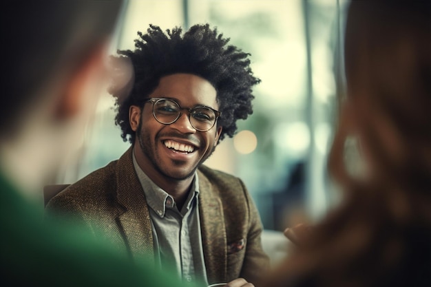 Mulher amiga homem café feliz grupo africano americano falando amizade afro sorriso Generative AI