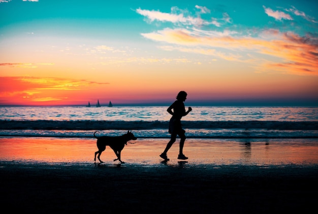 Mulher andando com o cachorro no fundo da praia no espaço de cópia do humor do nascer do sol nas férias de verão e