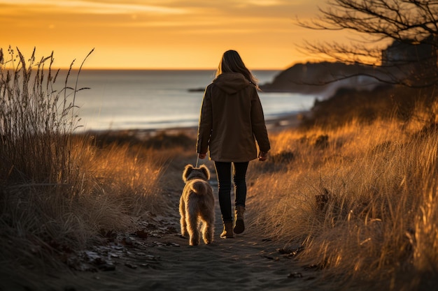 Mulher andando com o cachorro perto do mar ou do lago norte à beira-mar outono à noite