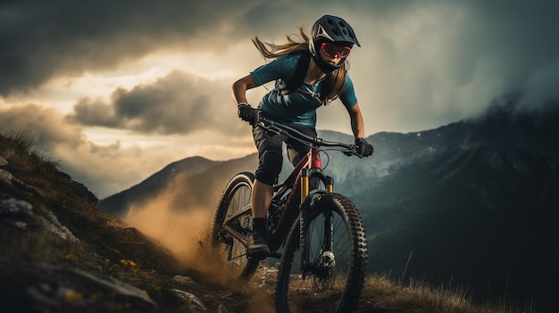 Mulher andando de bicicleta nas montanhas