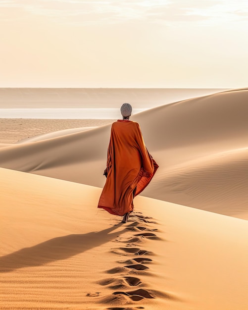 Mulher andando nas dunas de areia de uma praia sozinha