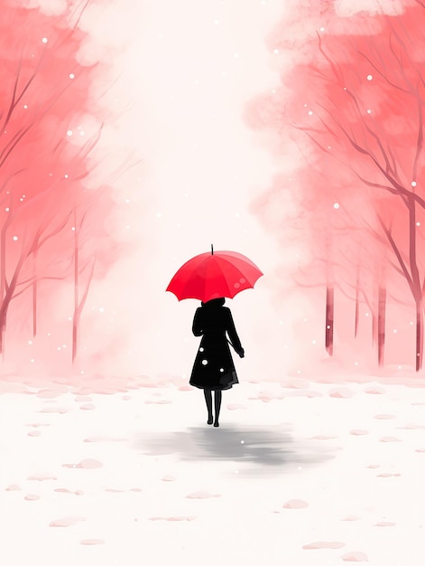 mulher andando neve guarda-chuva fundo vermelho memórias suaves conceito rosa chegou vestido esboço cor