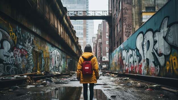 mulher andando pela rua com uma mochila