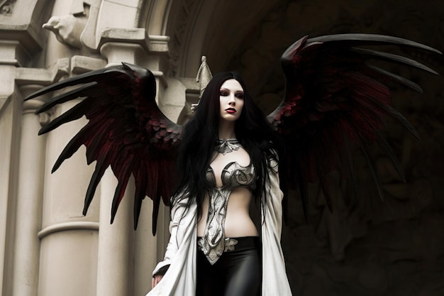 Mulher angélica com asas pretas de pé do lado de fora no estilo da arquitetura gótica branco escuro e carmesim escuro IA generativa