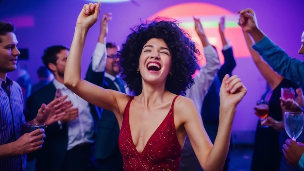 Foto mulher animada a dançar numa festa.