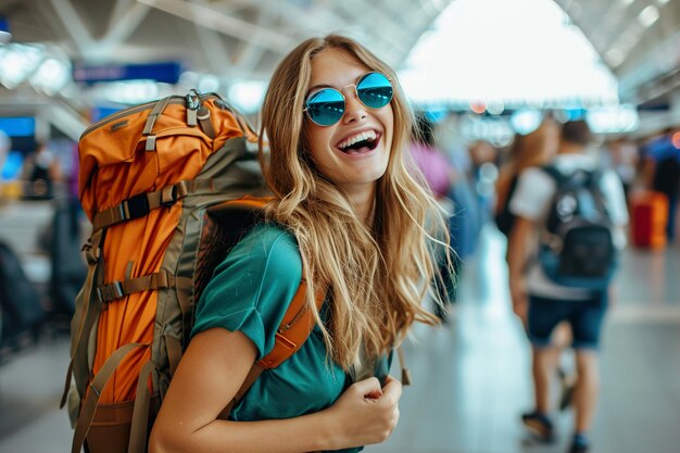 mulher animada usa uma mochila no aeroporto