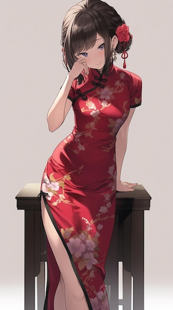 mulher anime em um vestido vermelho sentada em uma mesa generativa ai