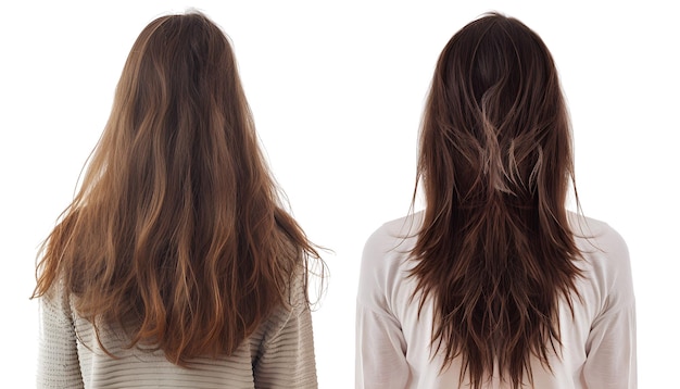 Foto mulher antes e depois do tratamento do cabelo em branco vista de trás colagem com cabelo danificado e saudável