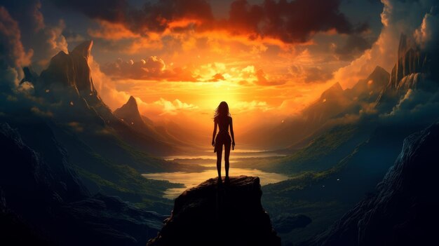 mulher ao pôr do sol em uma paisagem de conto de fadas