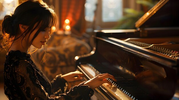 Foto mulher apaixonada criando bela música foto conceito realista de um pianista capturando o artista