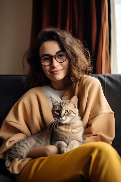 mulher apaixonada por seu gato e em um sofá em uma sala de estar