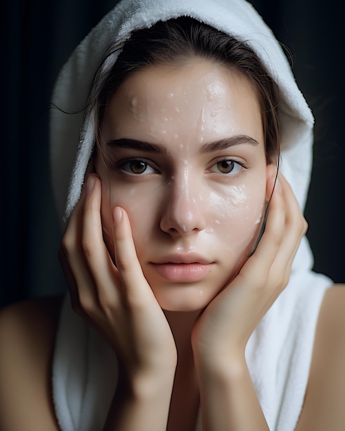 Mulher aplicando remédio facial em casa