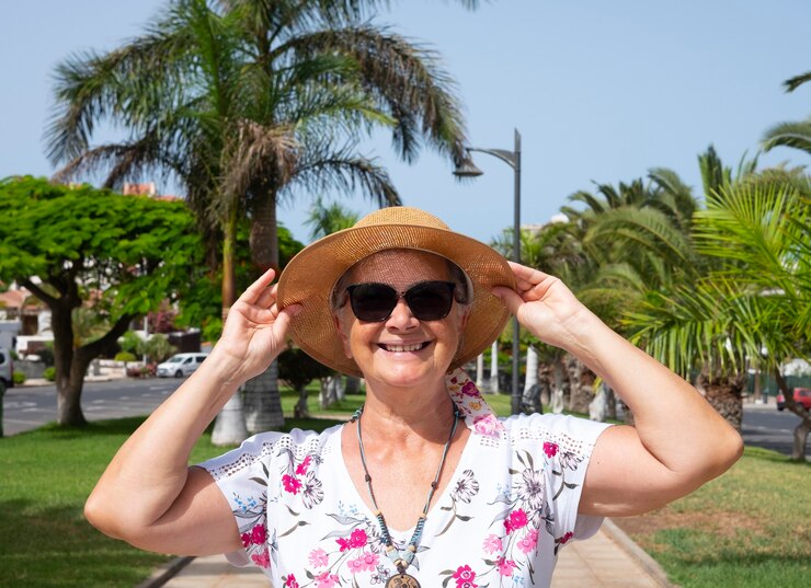 Foto mulher aposentada atraente alegre aproveita o verão e a liberdade em um parque público entre plantas com óculos escuros e chapéu de palha, sorrindo e olhando para a câmera - estilo de vida ativo para aposentados