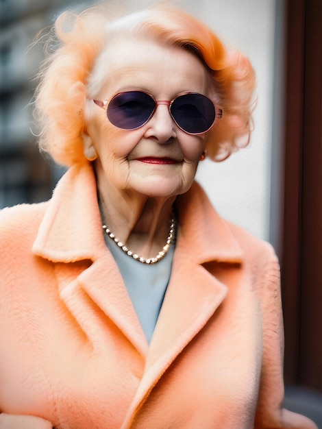 Foto mulher aposentada com cabelos brilhantes em roupas de cor de pêssego
