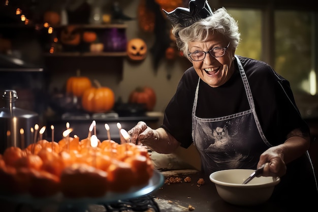 Mulher aposentada cozinhando guloseimas para o feriado Bolo de festa de Halloween