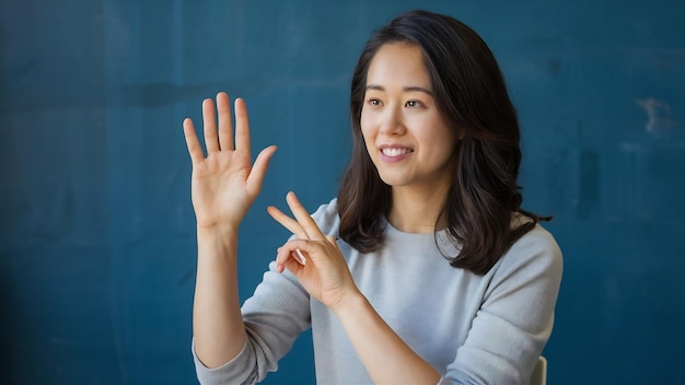 Foto mulher aprende linguagem de sinais para falar
