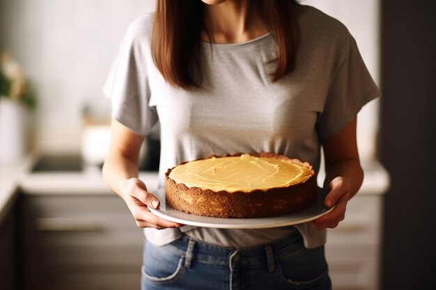 Foto mulher apresentando seu bolo de queijo recém-cozido