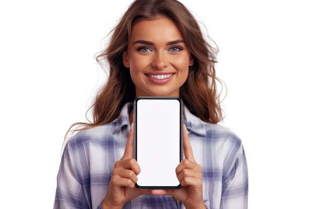 Foto mulher apresentando uma maquete de smartphone criada com ia gerativa