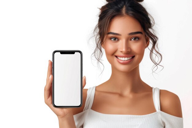 Foto mulher apresentando uma maquete de smartphone criada com ia gerativa