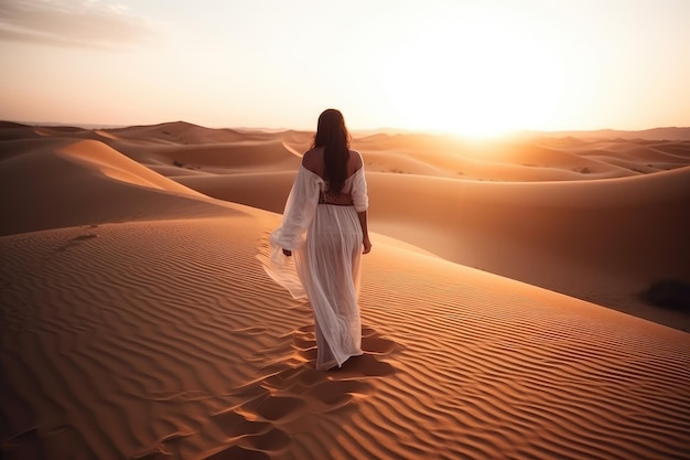 Mulher árabe anda nas dunas de areia do deserto ao pôr do sol