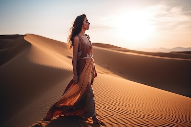 Mulher árabe anda nas dunas de areia do deserto ao pôr do sol