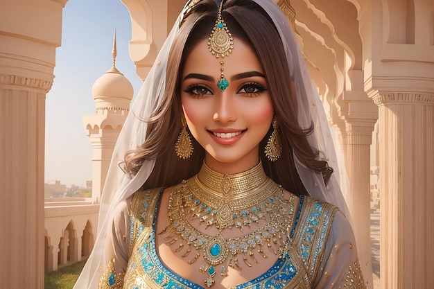 Mulher árabe com vestido de jóias como princesa