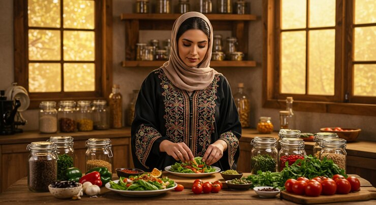 Mulher árabe cozinhando Ramadan Iftar