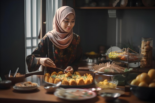 Mulher árabe na cozinha preparando comida para o jantar Ramadan Generative AI 1