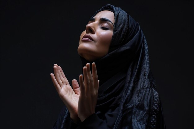 Foto mulher árabe reza a deus em fundo de estúdio preto