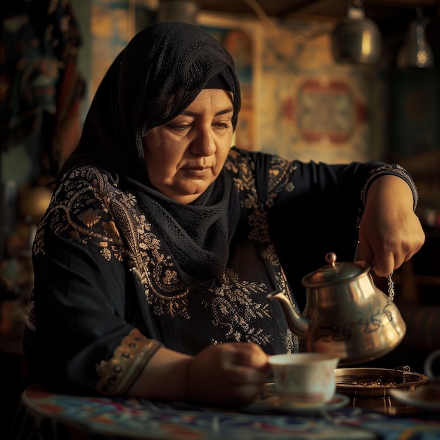 mulher árabe sênior derramando café da panela em uma chávena