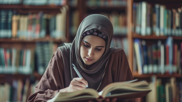 Mulher árabe tomando anotações preparando exame e aprendendo lições de um livro na biblioteca