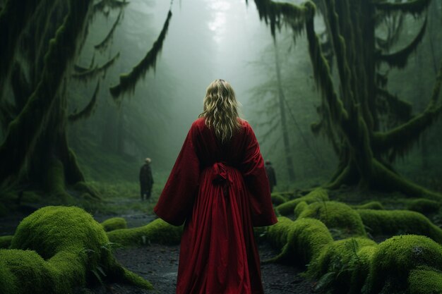 Foto mulher arafa com um manto vermelho andando por uma floresta generativa ai