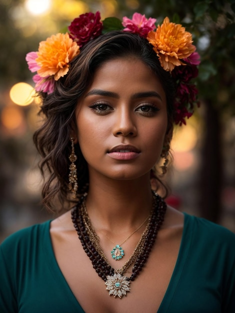 mulher arafa com uma flor no cabelo e um colar foto de uma linda mulher linda mulher