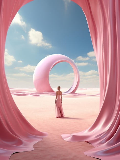 mulher arafa em um vestido rosa em pé em um deserto rosa generativo ai